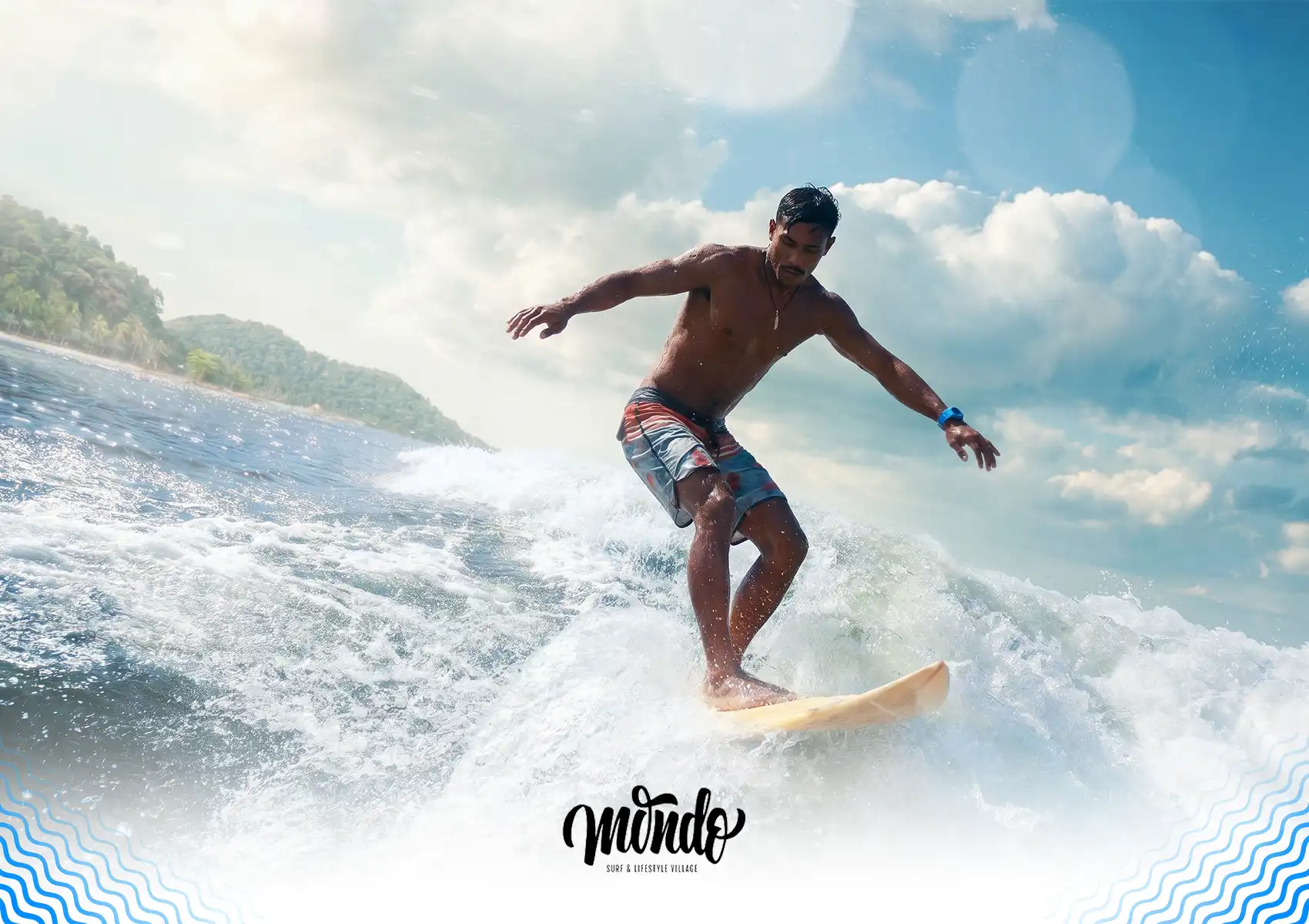 A confident male surfer in boardshorts expertly riding a wave on a yellow surfboard under a bright, sun-flared sky, showcasing the thrilling experience at a surf camp bali.