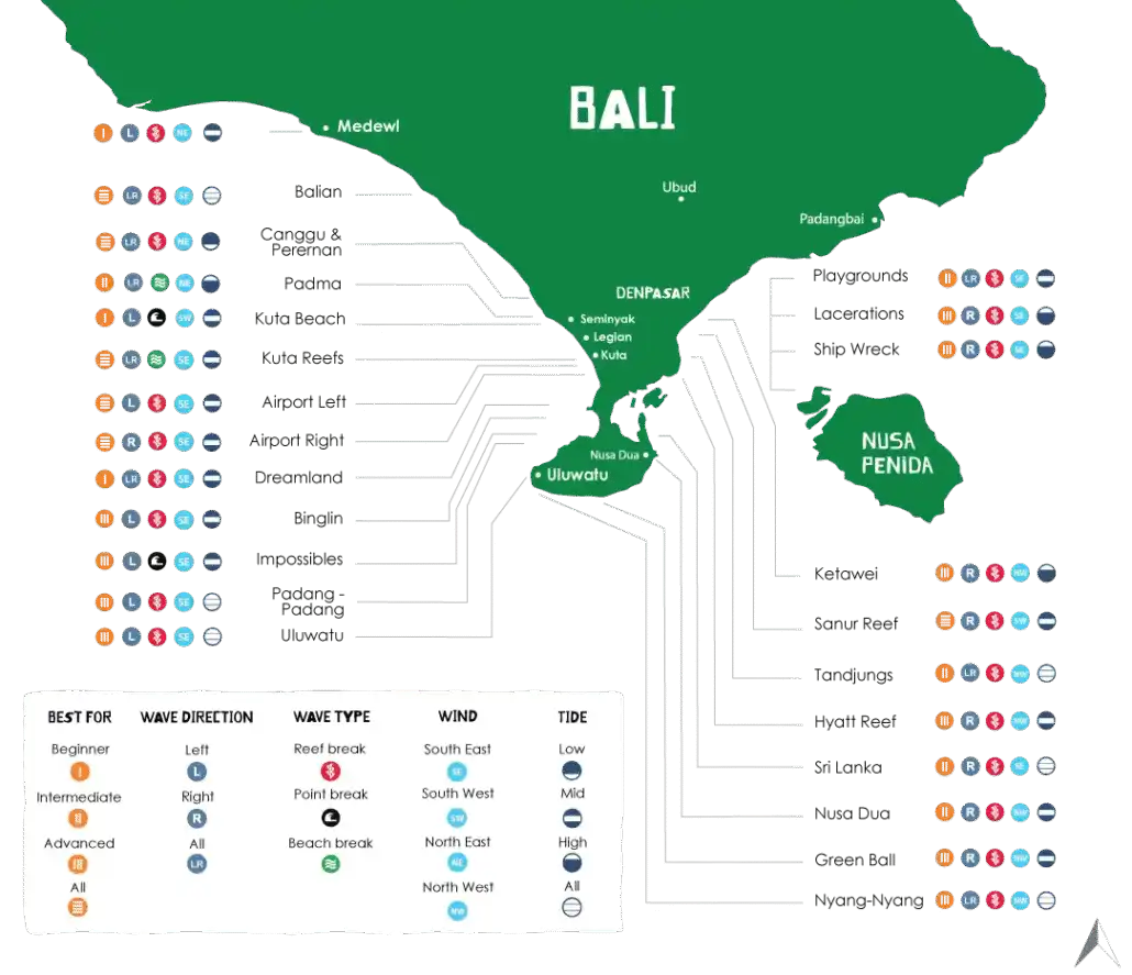 A detailed map of Bali and Nusa Penida highlighting various surf breaks and skill levels for visitors at a surf camp Bali.
