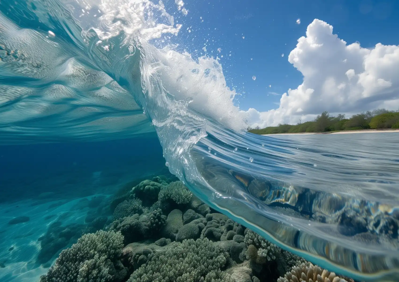 A split over-under view of a clear steep wave breaking over a vibrant coral reef under a blue sky at a surf camp in Bali.