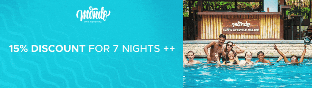 Surf camp Bali package with yoga at Mondo Surf & Lifestyle Village – guests enjoying the pool