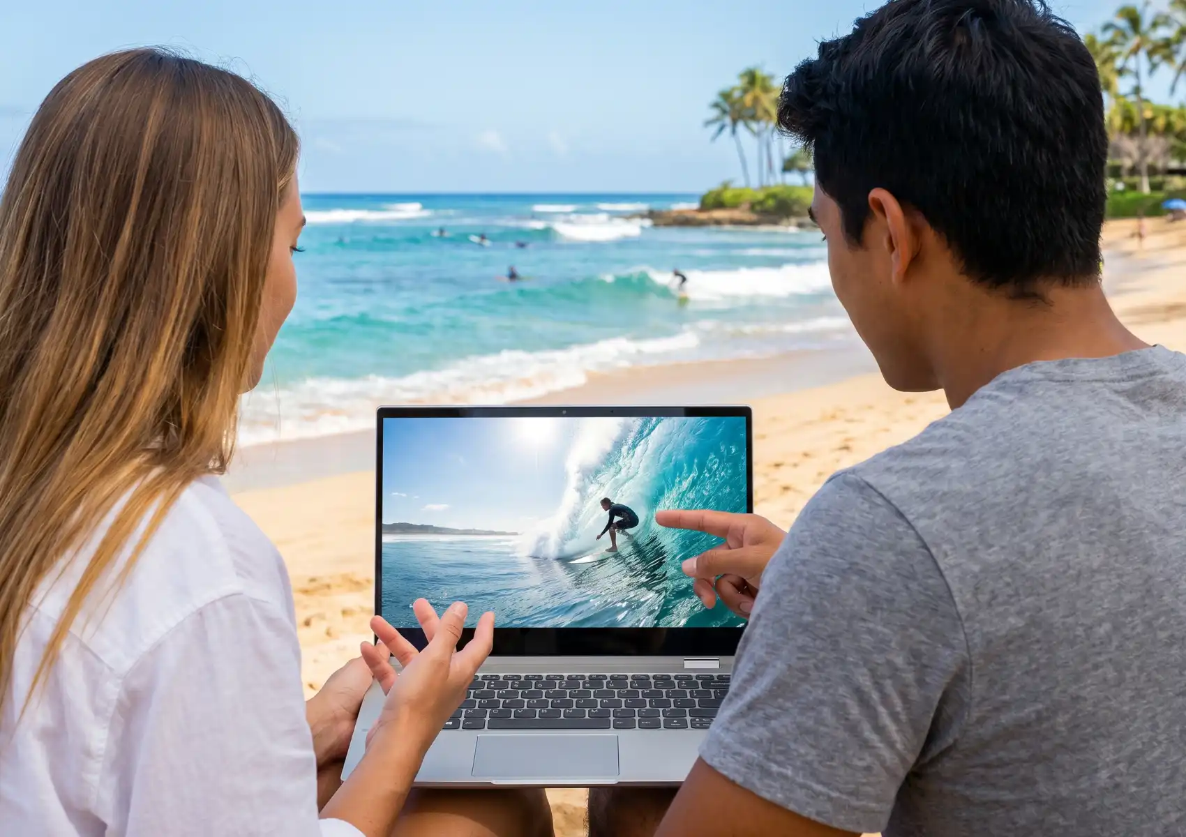 Two surfers review wave footage on a laptop at a beachside surf camp in Bali, one pointing at a surfer riding inside a barrel on the screen
