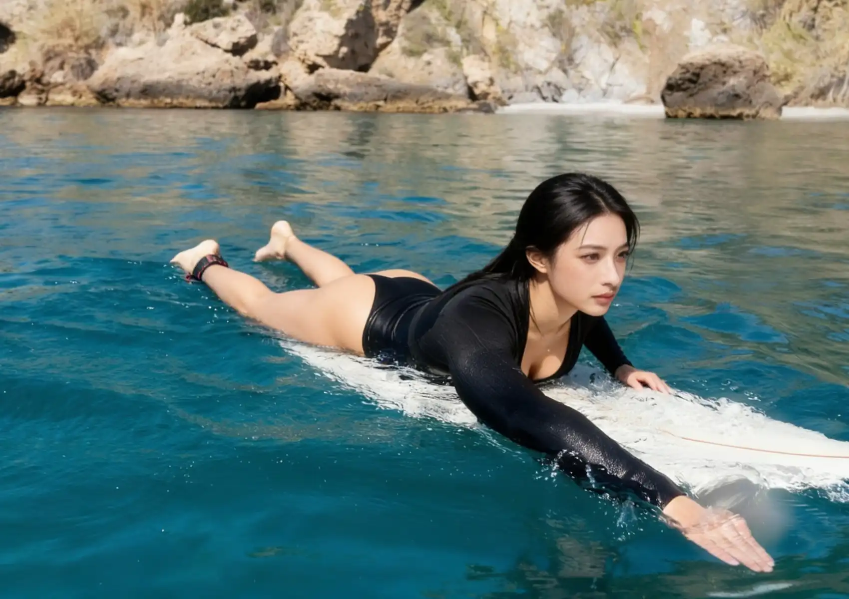 A woman in a black wetsuit demonstrates proper paddling technique while lying prone on her surfboard in clear blue water at a surf camp in Bali.