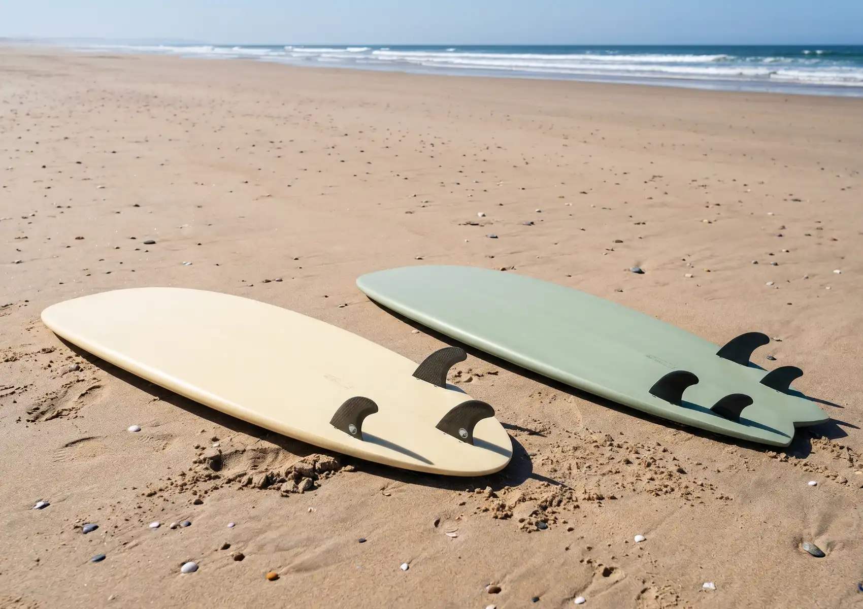 Two surfboards rest on the sand side by side, one with a three-fin thruster setup and one with a four-fin quad setup, comparing fin configurations at a surf camp in Bali.
