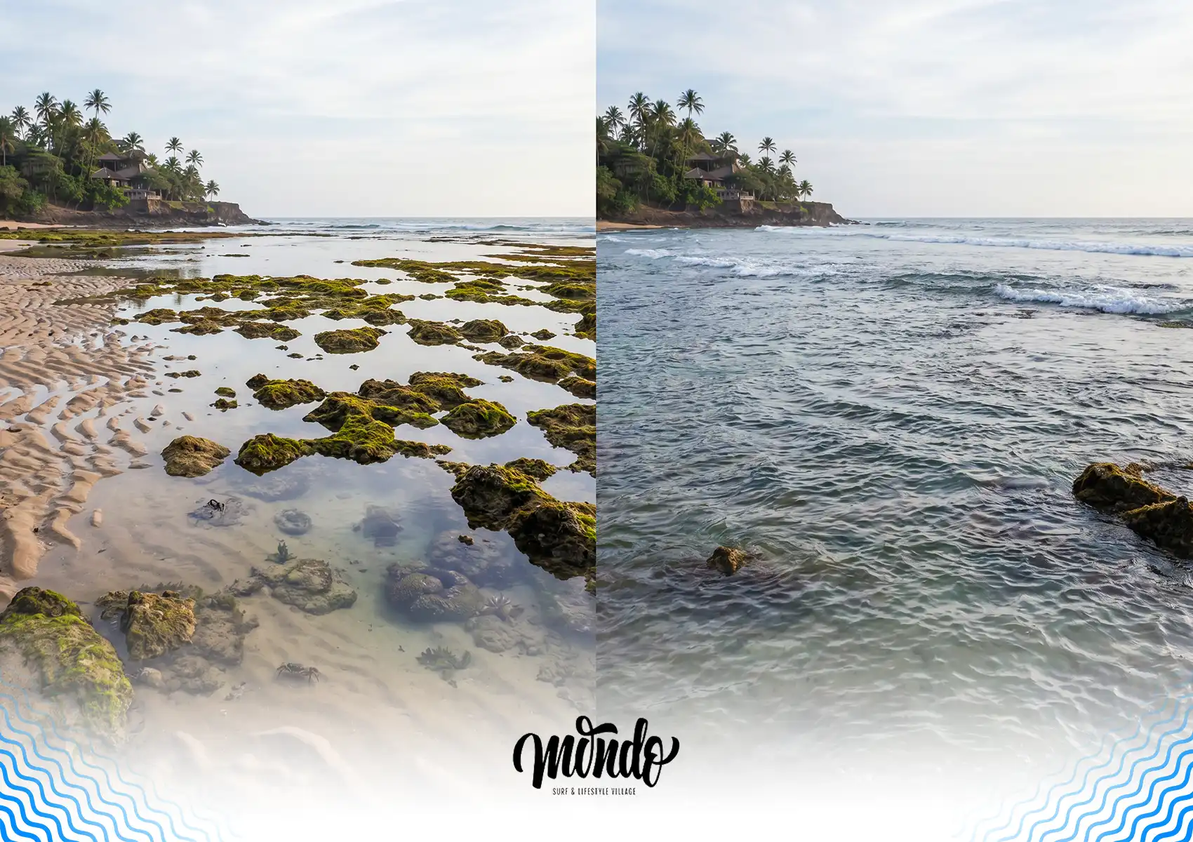 A split-screen comparison showing a coastal reef exposed with tide pools during low tide on the left, and the same area covered by ocean water during high tide on the right, illustrating essential ocean knowledge for a surf camp bali.