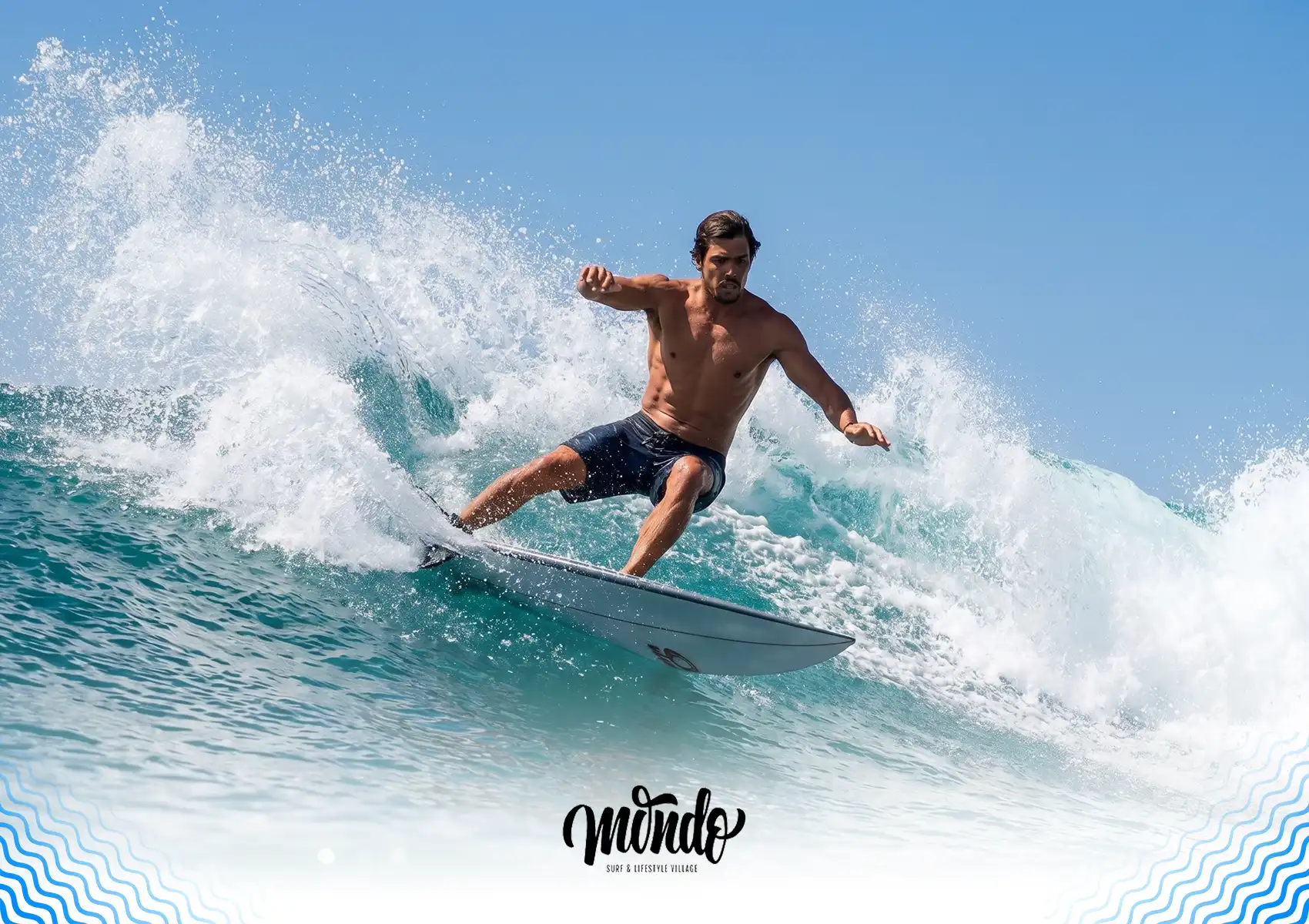 An athletic male surfer performing a dynamic turn on a shortboard, carving through a wave on a sunny day at a surf camp Bali.